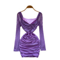 Feminine sexyv neck twist long sleeves mesh dress autum pleated waist bag hip hot girl short skirt