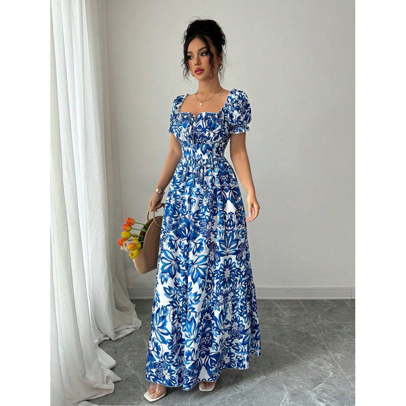 european and american cross-border foreign trade women's short-sleeved printed loosedress medium long skirt