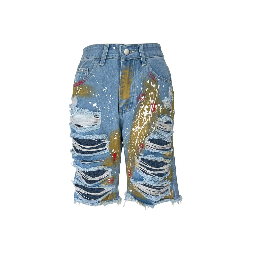 HR23035 European and American fashion women's clothing,  supply, colorful hand-painted pulp-throwing ripped jeans