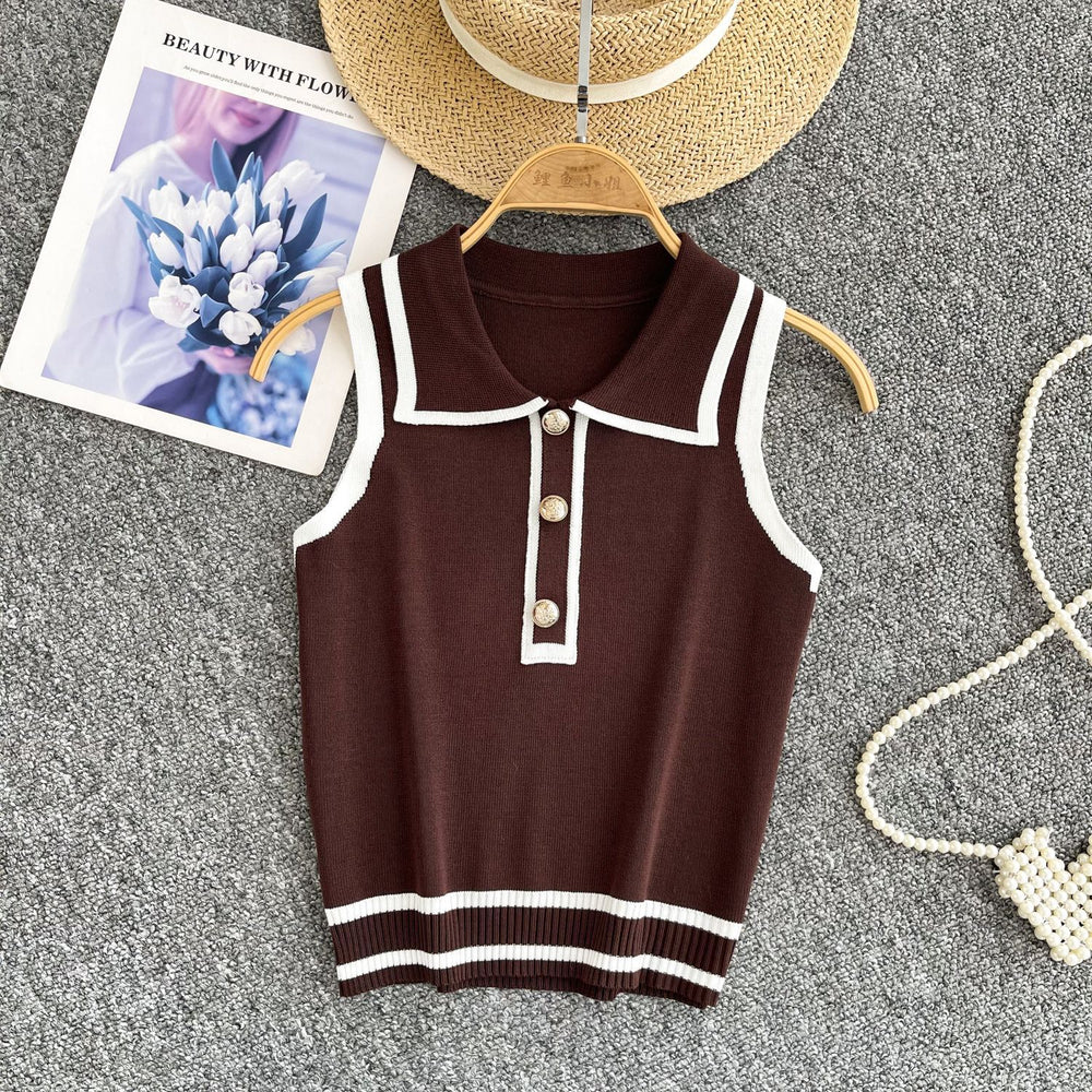 Minimalist striped knit sleeveless tank top for women - summer lapel, slim fit, figure-flattering design, chic and stunning, petite-friendly top