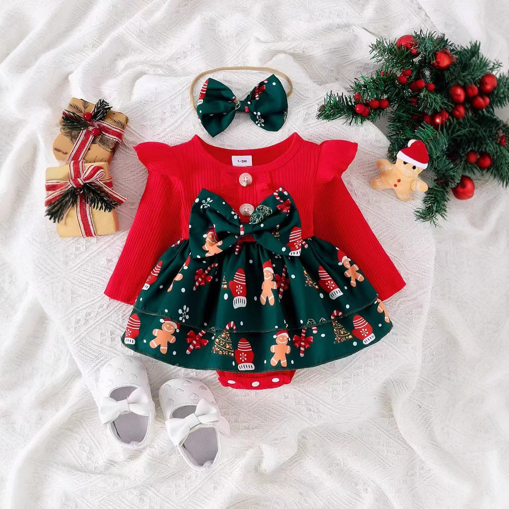 foreign trade christmas element long-sleeved jumpsuit european and american infant pit strips flying sleeves embroidered santa claus printing