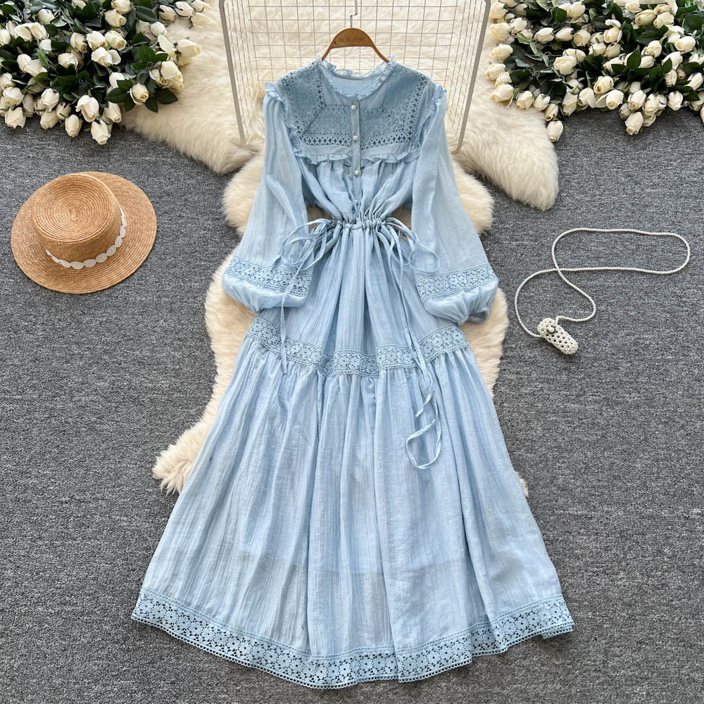 Autumn women's new dress : court-style lace patchwork, tie-waist, rhinestone embellished, flared french maxi dress