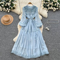 Autumn women's new dress : court-style lace patchwork, tie-waist, rhinestone embellished, flared french maxi dress