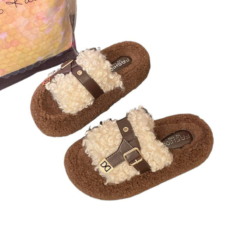 One-line fur slippers for women fashionthick sole belt buckle height-increasing outwear slippers easiest for match home stuffed soft bottom slippers