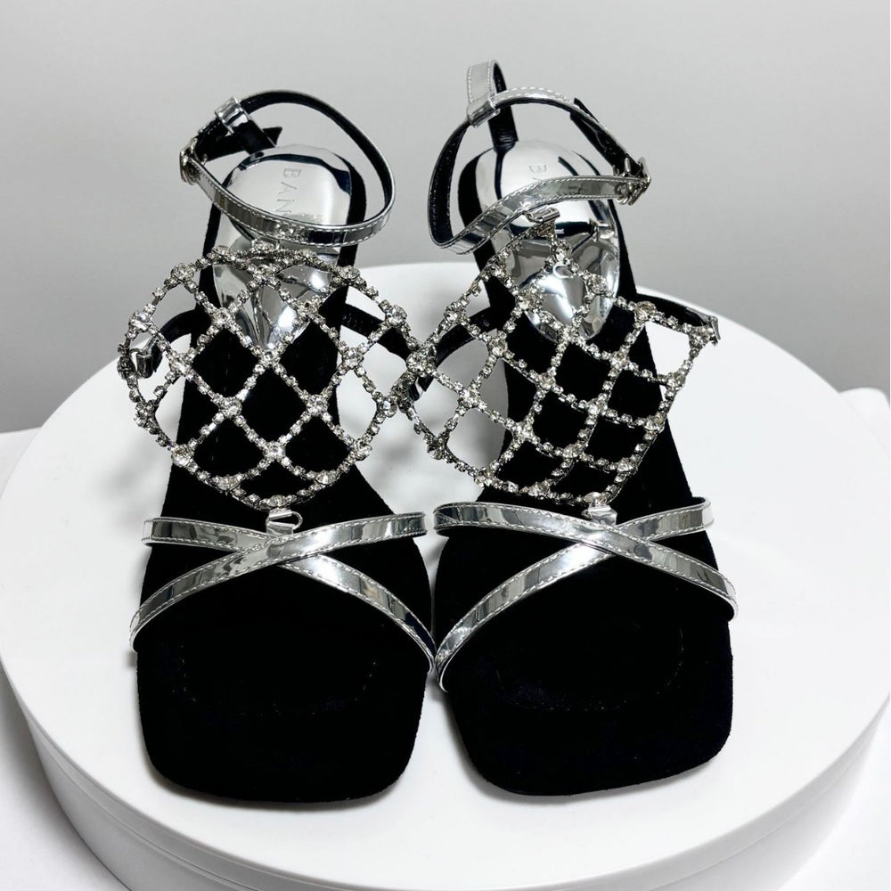 2026 new mesh chain rhinestone high heel square toe gold silver trendy elegant metal open toe sandals for women