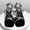 2026 new mesh chain rhinestone high heel square toe gold silver trendy elegant metal open toe sandals for women