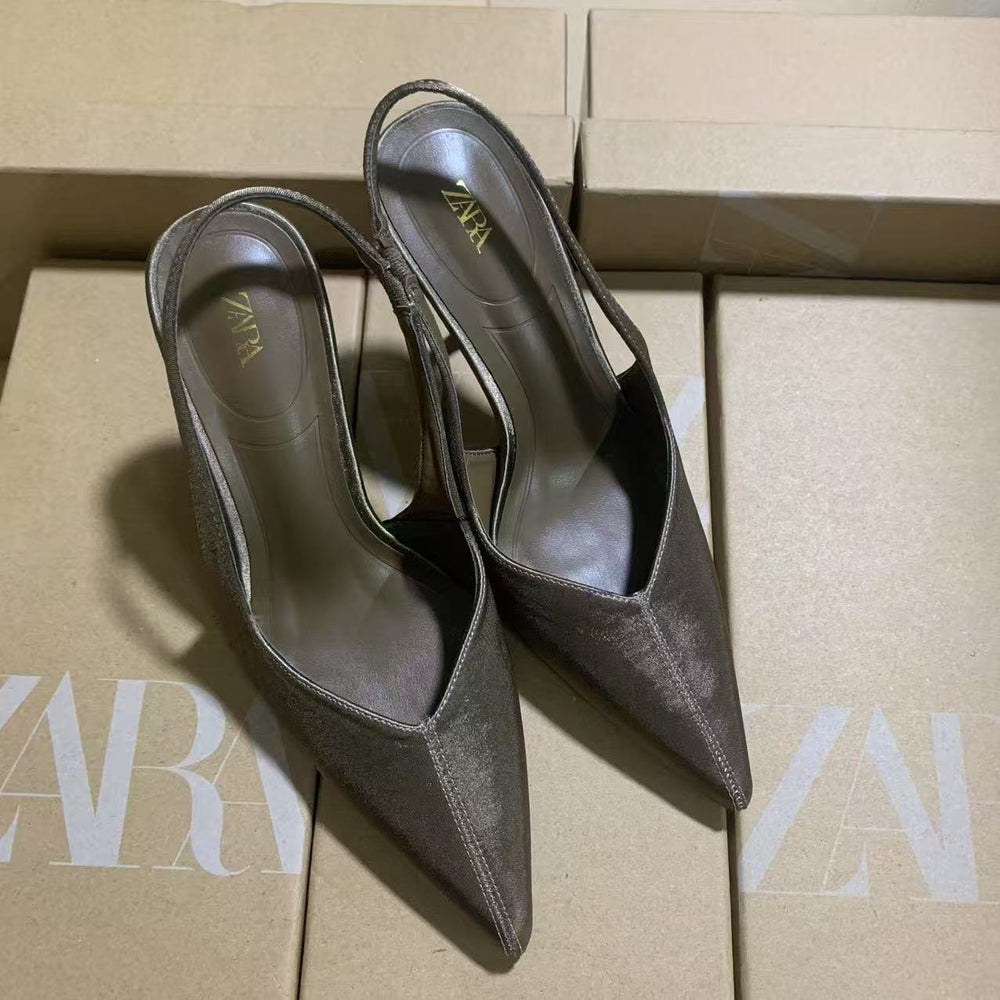 Za2025springnew arrival brown pointed toe french high-heeled sandals for women eleganteasiest for match stiletto high heels
