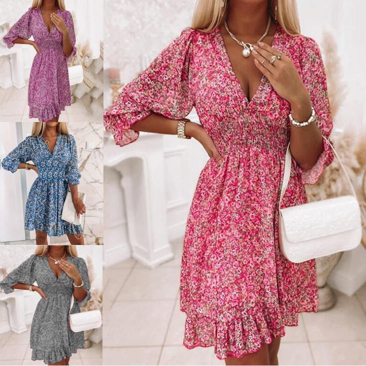 Dress summer  European and American  waist pullover medium and long dress bohemian print short sleeve floral dress women