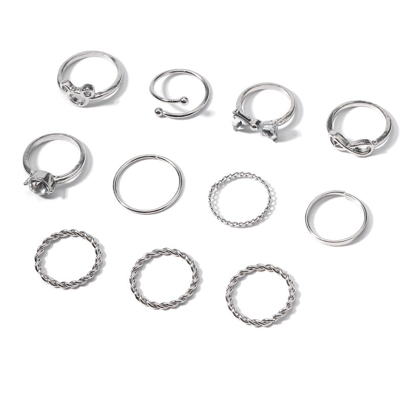 Wholesale bowknot rings: european and american cross-border accessories, women's ins-style niche high-end diamond 10-piece silver jewelry set