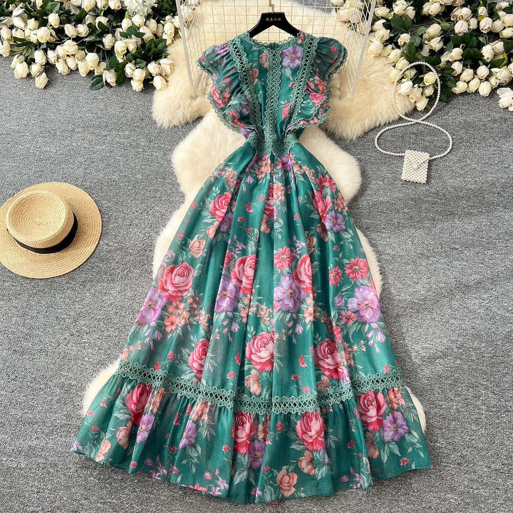 Frenchelegancedress women's new arrivalretrolacepatchwork waist elegantprintingruffleslong skirt