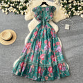 Frenchelegancedress women's new arrivalretrolacepatchwork waist elegantprintingruffleslong skirt