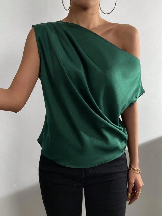 spring solid color satin faux silk asymmetrical one-shoulder off-the-shoulder sleeveless pullover blouse - european & american style women's clothing