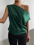 spring solid color satin faux silk asymmetrical one-shoulder off-the-shoulder sleeveless pullover blouse - european & american style women's clothing