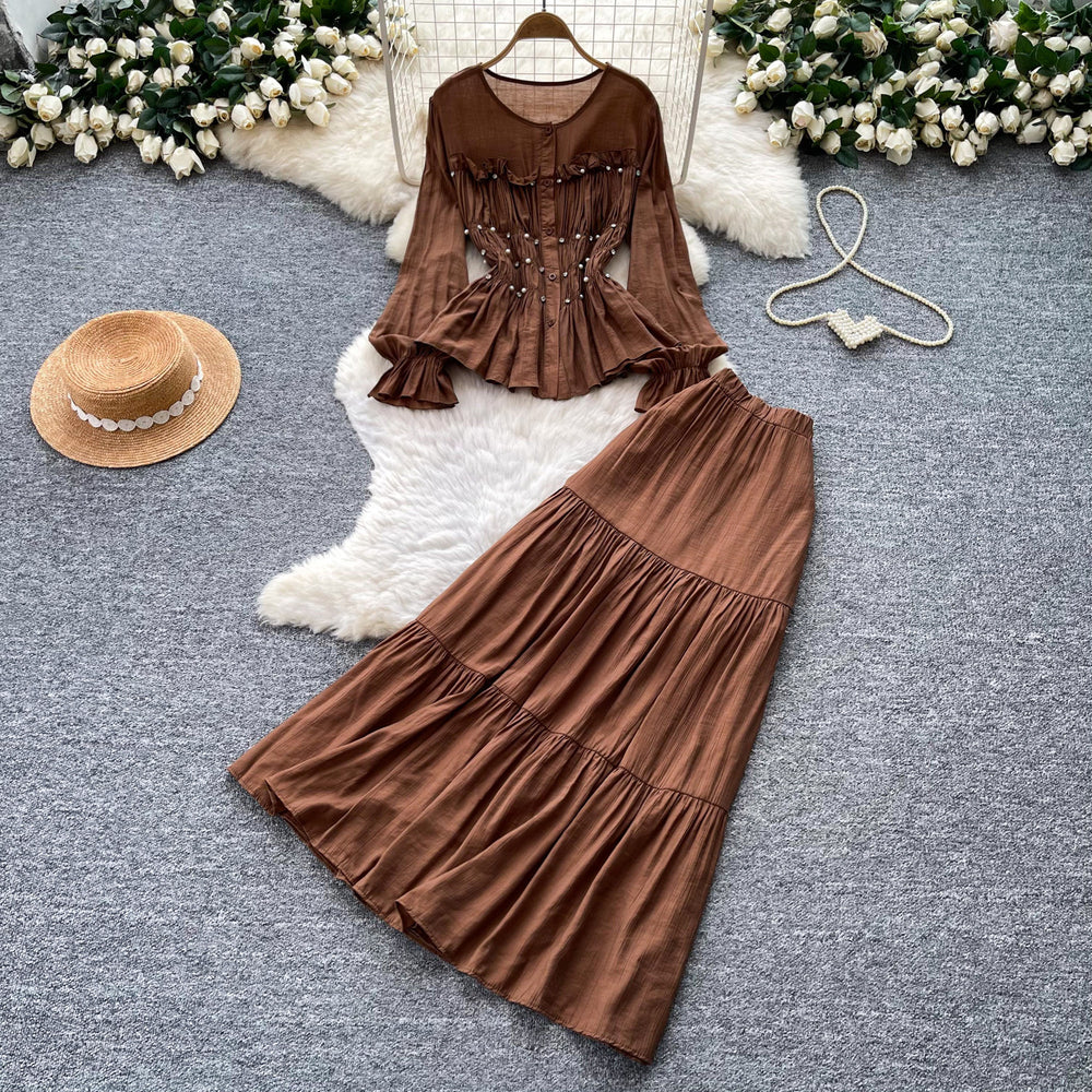 French chic slim-fit long sleeve shirt and midi skirt set - autumn workwear, figure-flattering, versatile two-piece