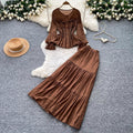 French chic slim-fit long sleeve shirt and midi skirt set - autumn workwear, figure-flattering, versatile two-piece