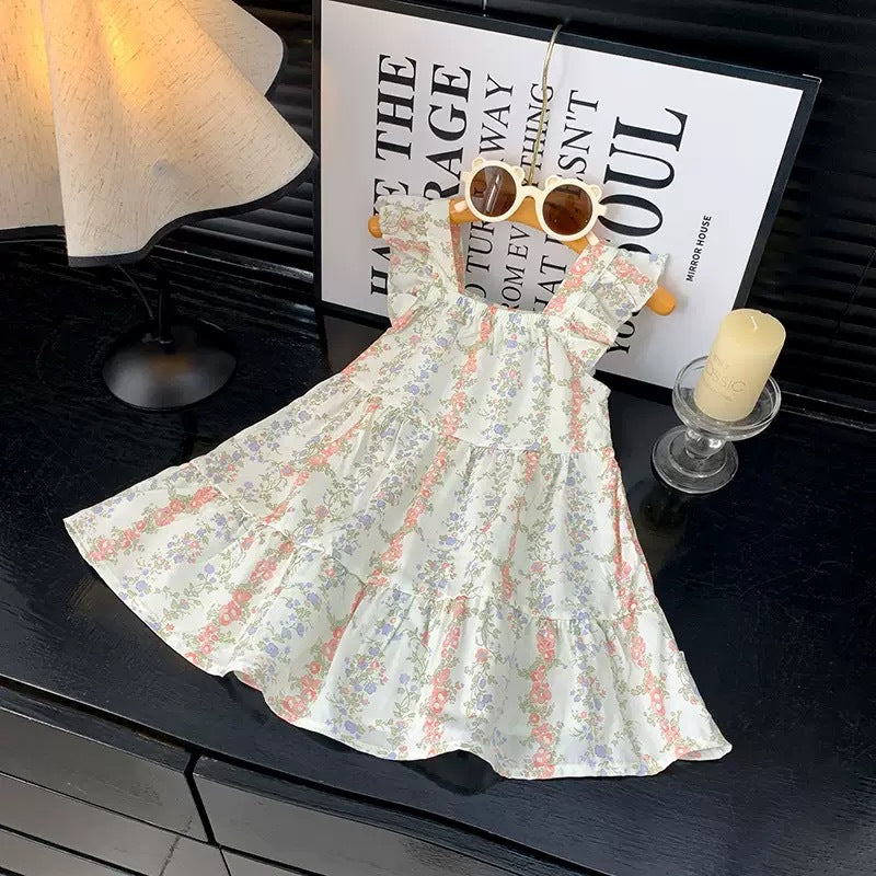 [family wear] children's cotton silk suspender dress sleeveless cake skirt summer thin flying sleeve western style floral skirt