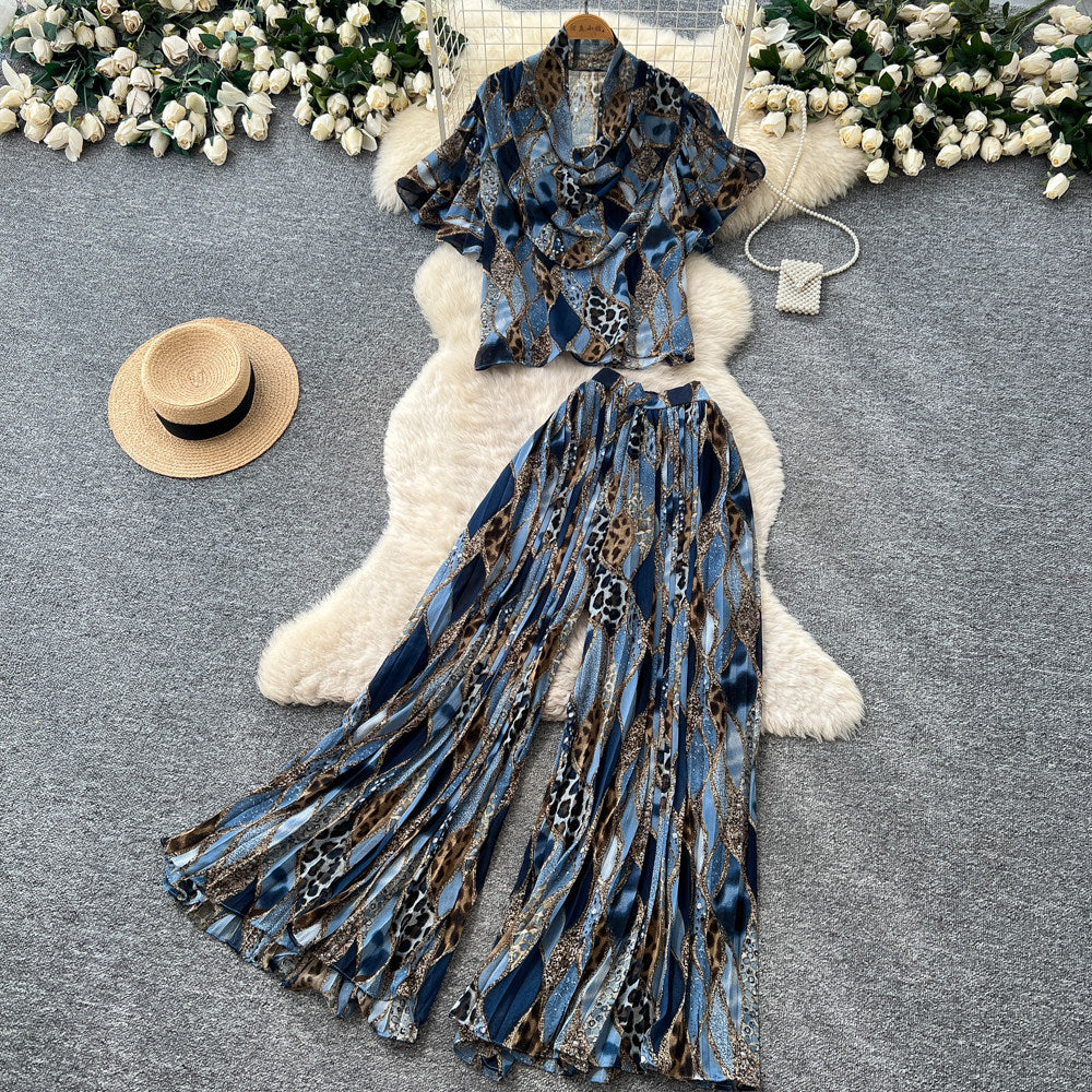Leopard print vacation-ready two-piece set: summer chic, high-waisted wide-leg pants, effortlessly stylish and youthful