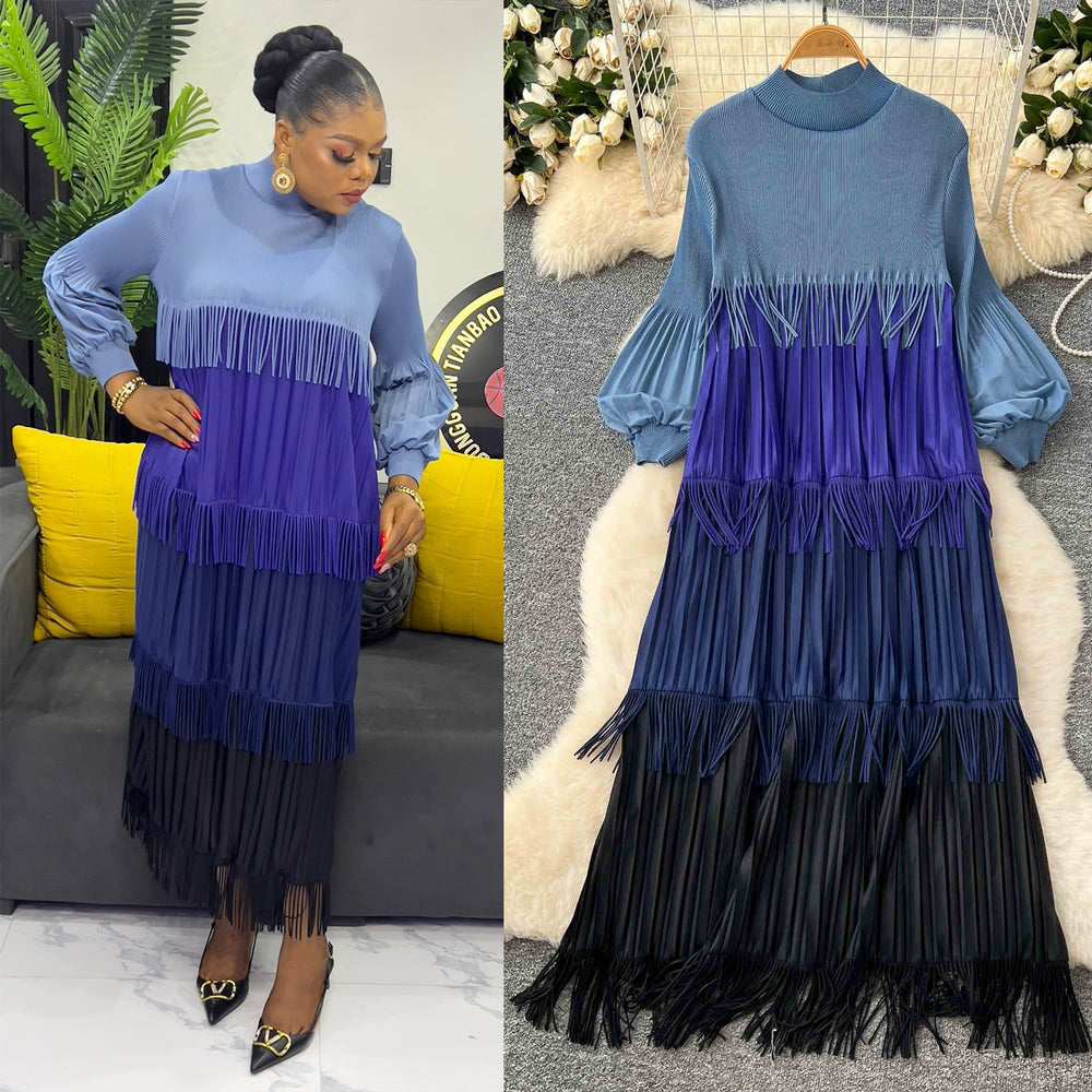 Miura european and american fashion dress women's  spring high-end lantern sleeve loose slimming color block tassel maxi dress
