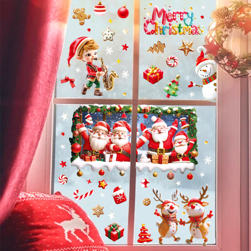 New  lively Santa Claus Elk snowflake gift box party holiday decoration glass static window grilles sticker