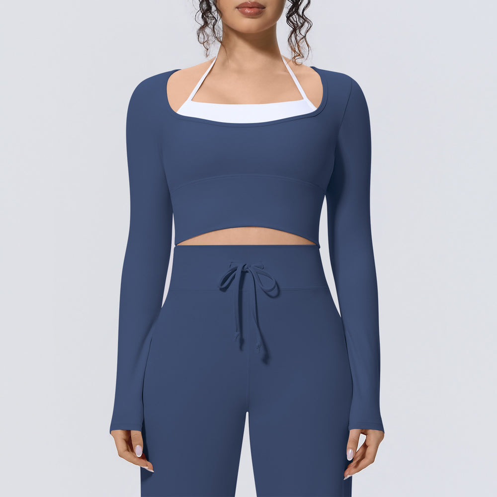 Naked-feel, form-fitting, quick-dry yoga top. faux two-piece design with built-in bra pads. long-sleeved athletic top for pilates, training, and fitness. women's