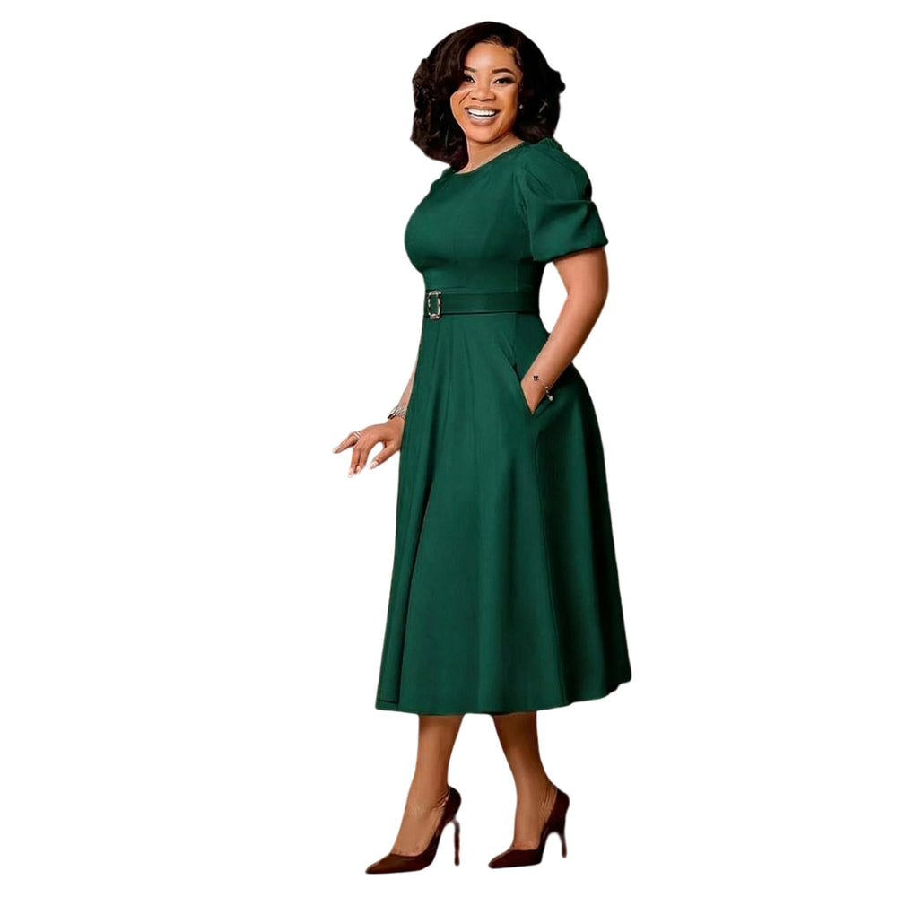 C8659 women's foreign trade cross-border new arrival round neck puff sleeve high waist fashionable large skirt plus size african dress