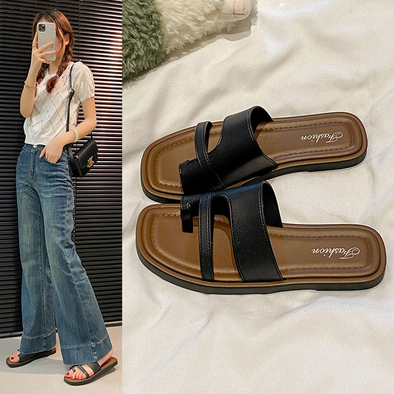 Toe-out slippers for women, french retronew arrival spring and summer k-style retrocasual vacation one-leg roman shoes