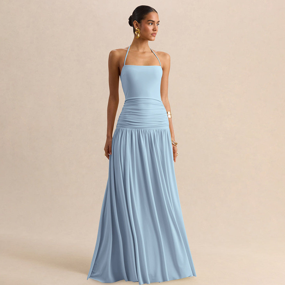 Amazon cross-border fashion style women's eleganthaltertie backbackless suspender waist slimming look pleated dress for women