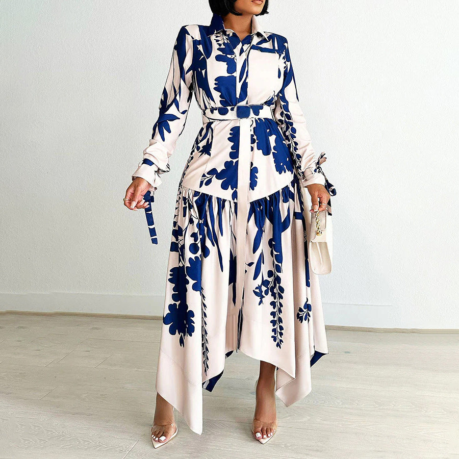 European and american export women's summer new fashionable elegant printed turn-down collar long sleeve irregular skirt printed european and american dress