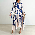 European and american export women's summer new fashionable elegant printed turn-down collar long sleeve irregular skirt printed european and american dress