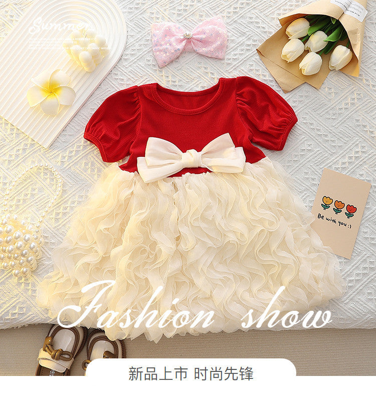 Girls' dress  summer new arrival: 3d bow, bubble sleeves, mesh, kids' princess dress - stylish and cute