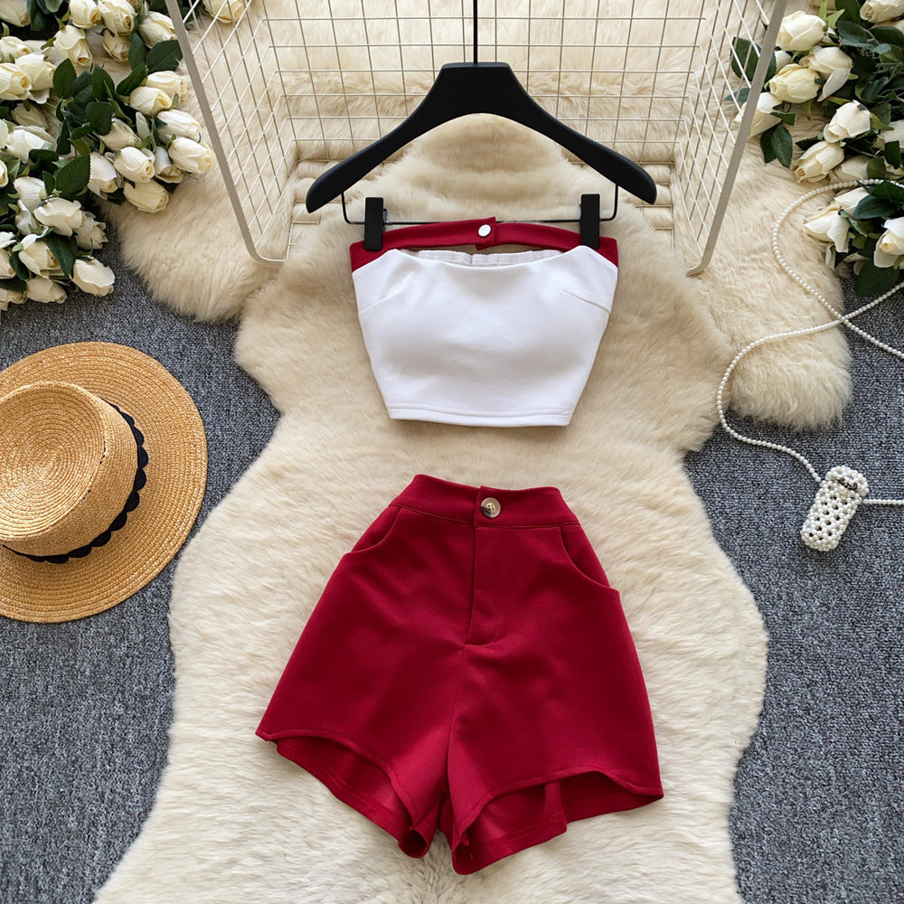 Lazy style contrast colortube top vest high waistshortstwo-piece set female summer popular fashionslimming looksexywork clothingsuit
