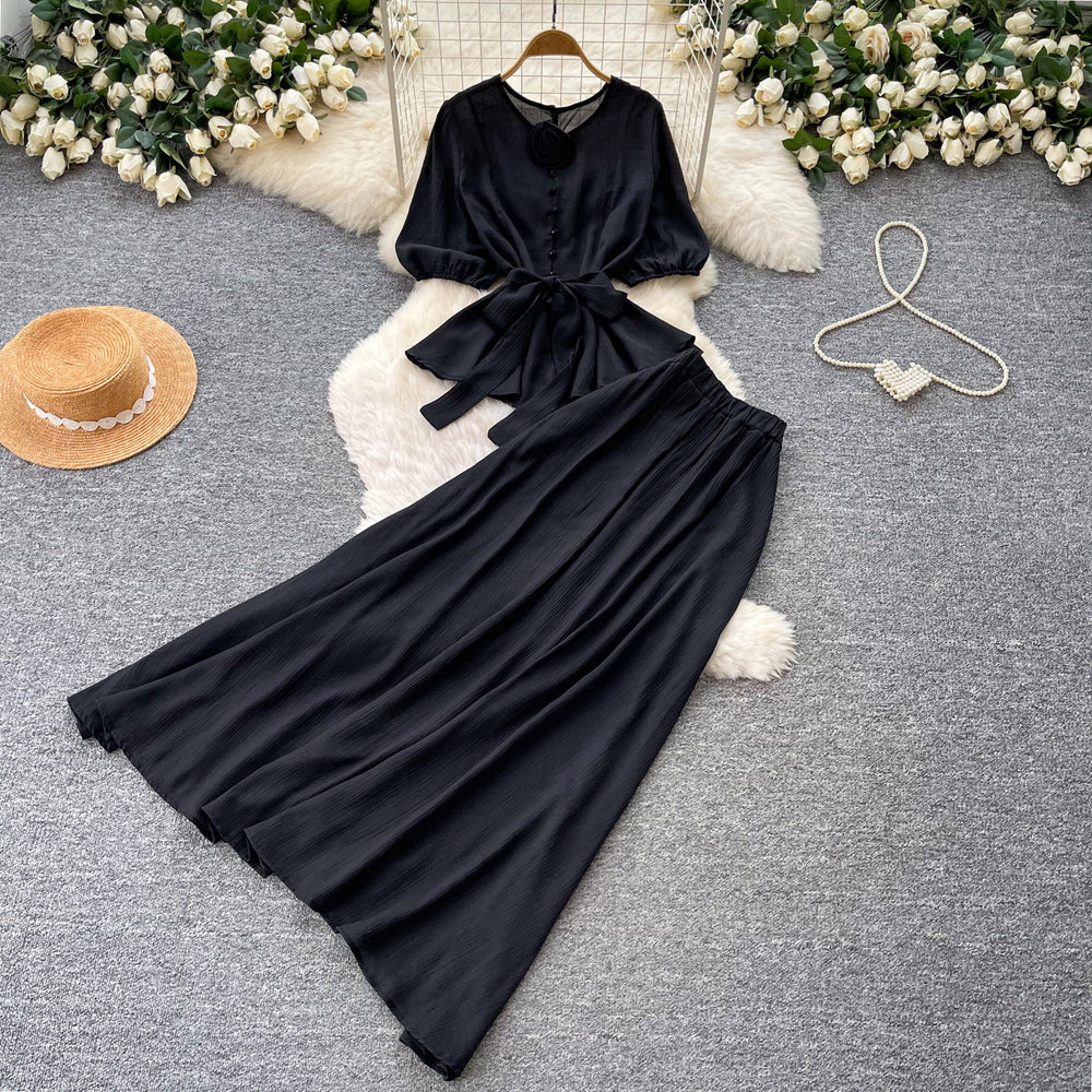 K-stylework clothing style lantern sleeve waist two-piece set female autumslimming lookhigh waist skirt red elegantsuit