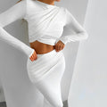 European and american style women's clothing  autumn/winter new arrival: round neck long sleeve cropped top and slim-fit midi skirt two-piece set