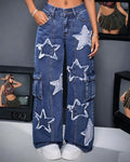 American washed star jeans for women, high waist, multiple flap pocket pantsloosecasual wide-leg pants, mopstraight-leg jeans