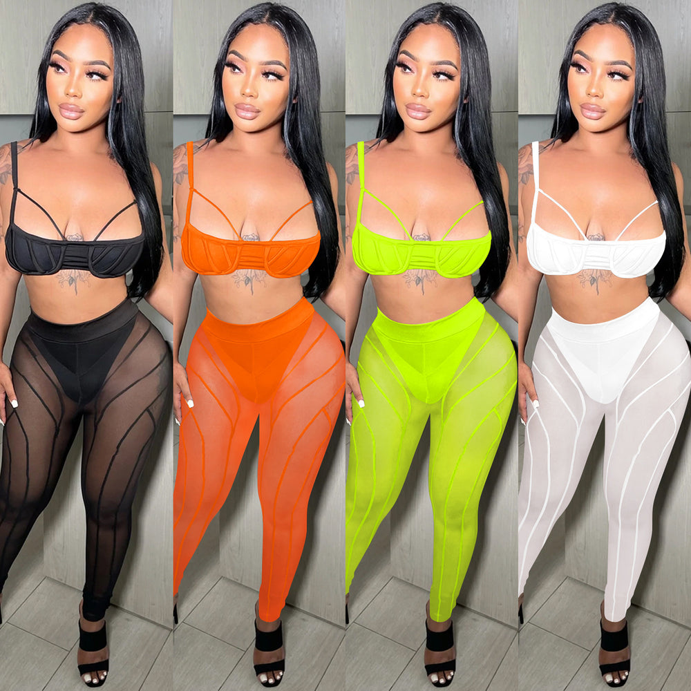C5799 special offer: no returns or exchanges. please purchase with care. european and american style bandeau top, camisole, zipper mesh see-through pants two-piece set