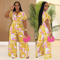 C7468 cross-border   fashion women's summer casual printed short-sleeve jumpsuit