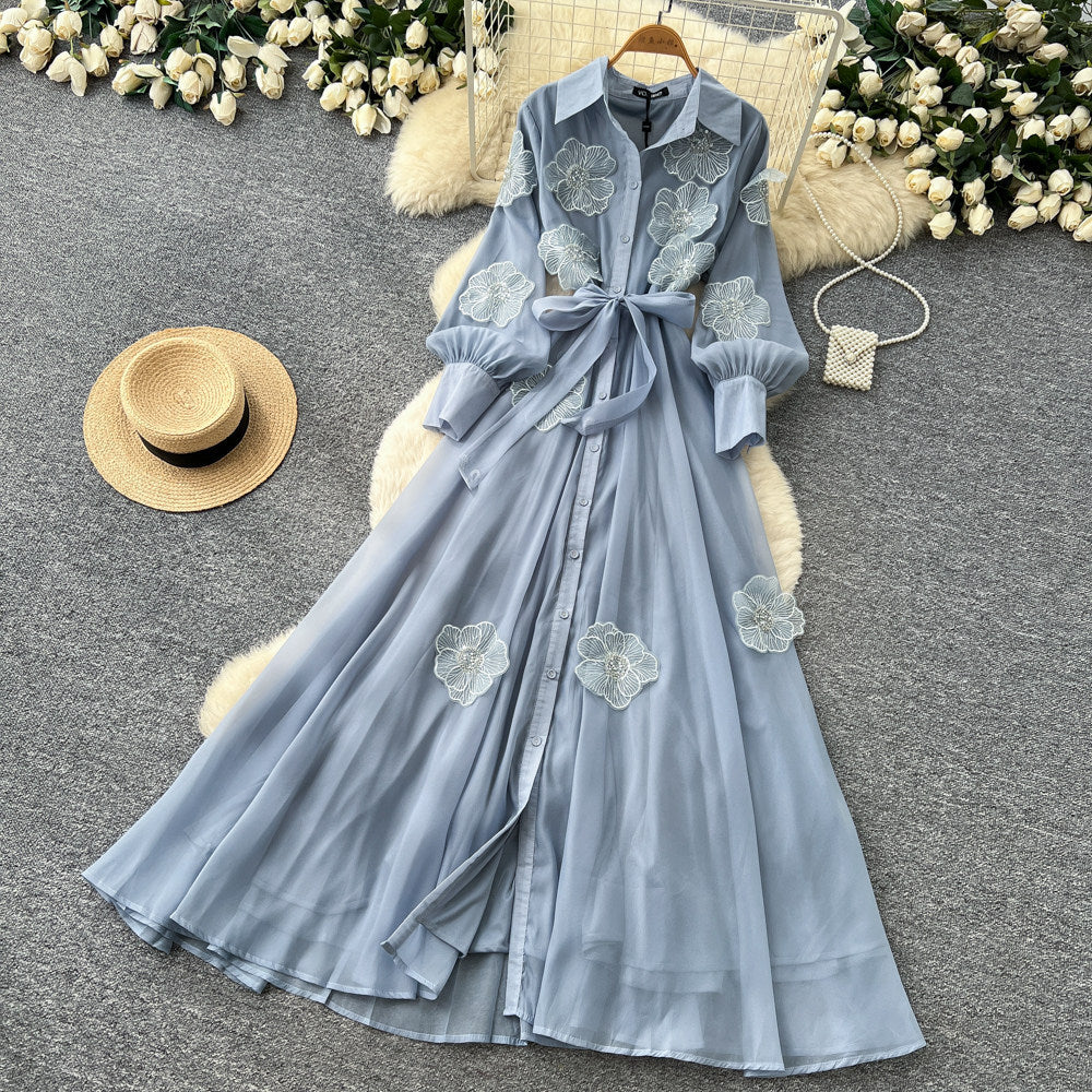 Frenchelegant heavy industry flower embroiderlong sleevesdress women's summerk-style strap waist slimming lookelegant long skirt