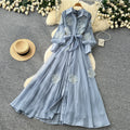Frenchelegant heavy industry flower embroiderlong sleevesdress women's summerk-style strap waist slimming lookelegant long skirt