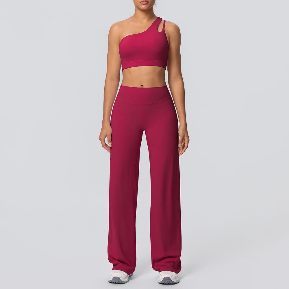 Cloud-feel casual one-shoulder racerback high-waisted butt-lifting straight-leg wide-leg activewear yoga set for women - perfect for outdoor running and fitness