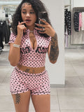 New arrival: women's polka dot print activewear set - ins style sporty casual short sleeve zip-up top and shorts outfit