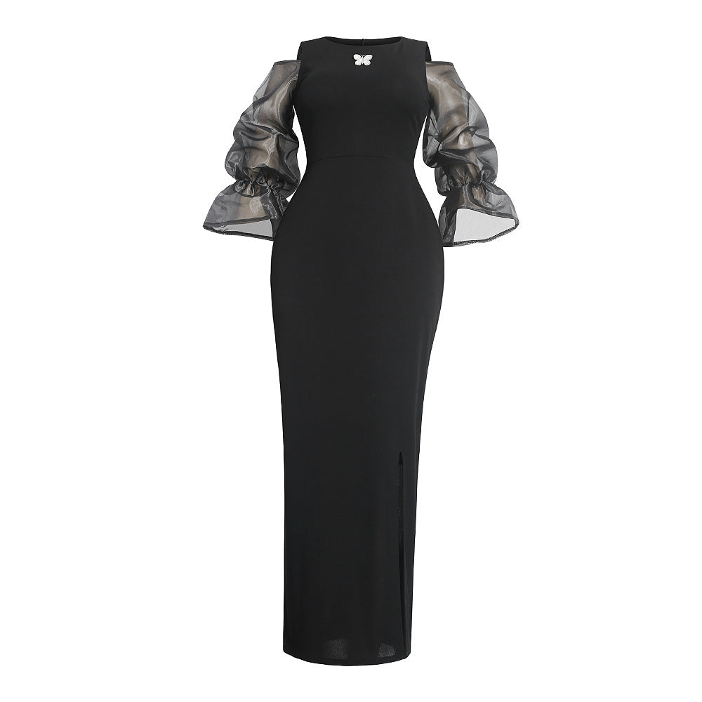 european and american mesh see-through flared sleeve dress plus size african women's black slim fit maxi dress