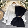 Korean style age-defying layered two-piece set: chic and versatile sleeveless slit knit vest with a stylish white long-sleeve shirt