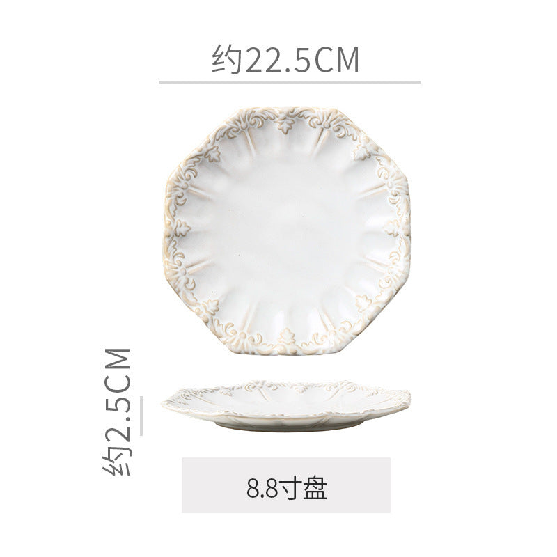 Embossed retro ceramic dinnerware set - french-inspired plates, high-end steak plates, dessert bowls, and rice bowls for home use