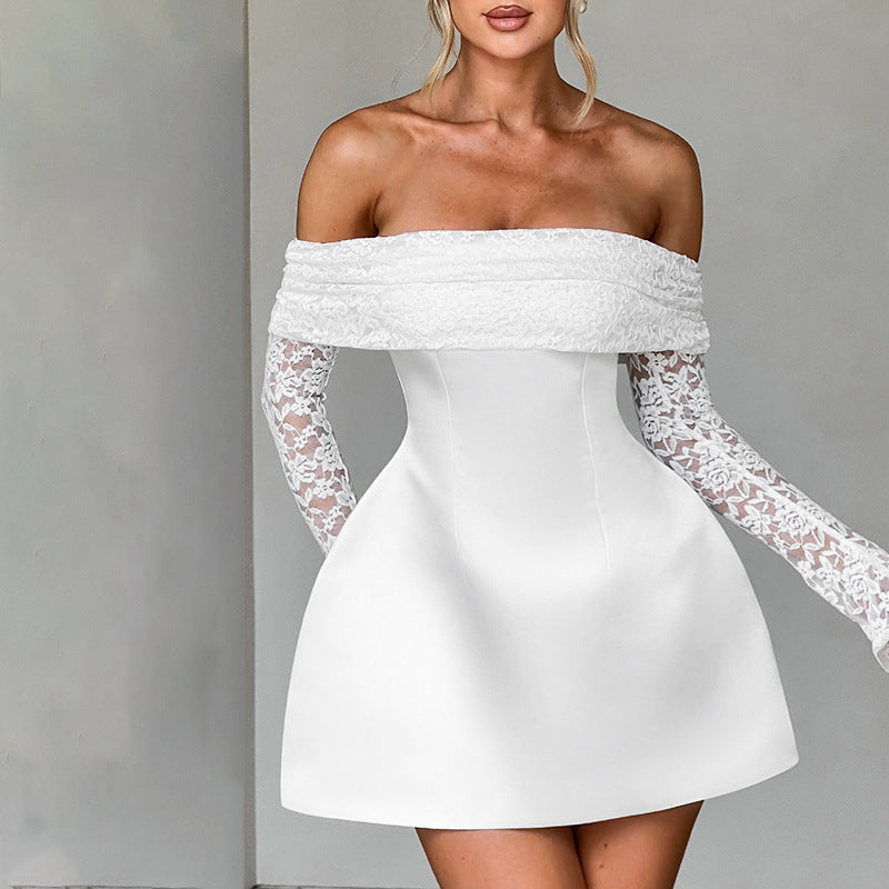 summer new european and american cross-border women's off-the-shoulder bandeau long sleeve sexy slim-fit lace a-line dress