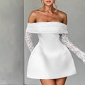 summer new european and american cross-border women's off-the-shoulder bandeau long sleeve sexy slim-fit lace a-line dress