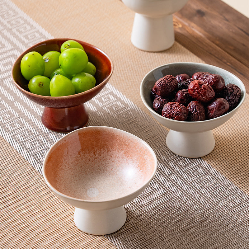 Creative ceramic tall plate for home fruit bowl plate restaurant snacks tea snacks dried fruit plate retro kiln turned ice cream cup