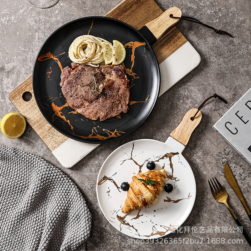 Ceramic marble plate with handle, restaurant special plate, pizza plate, popular steak plate, classy dinner plate