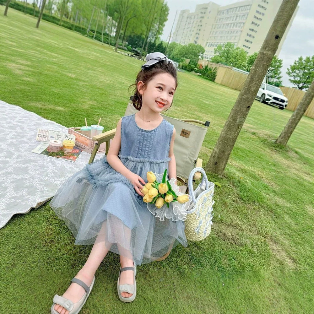 Girls' summer denim & mesh patchwork dress - sleeveless tank top style cake tutu dress for kids