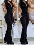 european and american export women's elegant v-neck button pocket high-waisted tie-waist solid color slim-fit jumpsuit