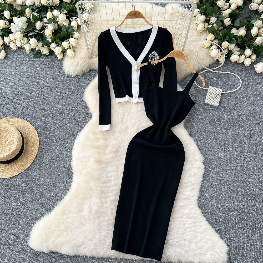 Classy sense v neck diamond-encrusted embroiderlong sleevesknittingcardigan women's winter french stretch tight hip-hugging suspender dress